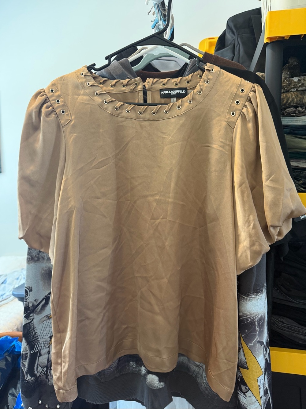 Karl Lagerfeld Camel Eyelet-Trim Puff Sleeve Blouse